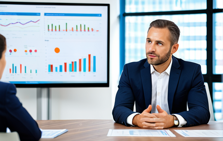 A professional male accountant, mid-30s, wearing a tailored business suit and a clean white shirt, fully clothed, appropriate attire. He is sitting at a large, modern conference table in a bright, contemporary office, gesturing thoughtfully while explaining complex financial concepts to a small group of attentive clients. A large monitor in the background displays a simplified, clear financial dashboard, symbolizing strategic consultation and financial architecture. Perfect anatomy, correct proportions, natural pose, well-formed hands, proper finger count, natural body proportions, professional photography, high quality, safe for work, appropriate content, modest clothing, professional setting.