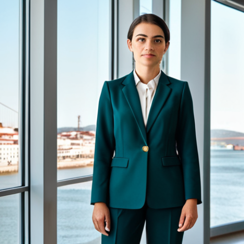 Home 22 **
A confident businesswoman in a tailored blazer and modest trousers, standing in a bright, modern Lisbon office with large windows overlooking the Tagus River, fully clothed, appropriate attire, safe for work, perfect anatomy, natural proportions, professional corporate photography, high quality.
**
