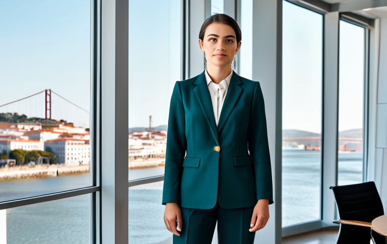 **

A confident businesswoman in a tailored blazer and modest trousers, standing in a bright, modern Lisbon office with large windows overlooking the Tagus River, fully clothed, appropriate attire, safe for work, perfect anatomy, natural proportions, professional corporate photography, high quality.

**