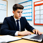 Time Management Mastery**

A determined student fully clothed in professional attire, using a digital calendar app on a laptop at a bright desk. Books and study materials are neatly organized around. A whiteboard shows a schedule, safe for work, appropriate content, perfect anatomy, natural pose, high resolution, professional setting.

**