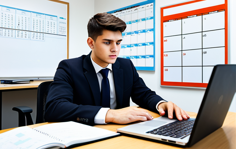 Time Management Mastery**
A determined student fully clothed in professional attire, using a digital calendar app on a laptop at a bright desk. Books and study materials are neatly organized around. A whiteboard shows a schedule, safe for work, appropriate content, perfect anatomy, natural pose, high resolution, professional setting.
**