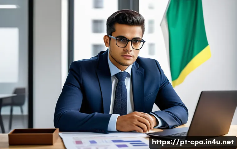 공인회계사와 윤리적 딜레마 - A professional accountant in a modern Brazilian office environment, wearing business attire and glas...