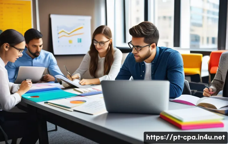 공인회계사 과목별 학습 방법 - A modern office scene showing a diverse group of young professionals studying accounting theory toge...