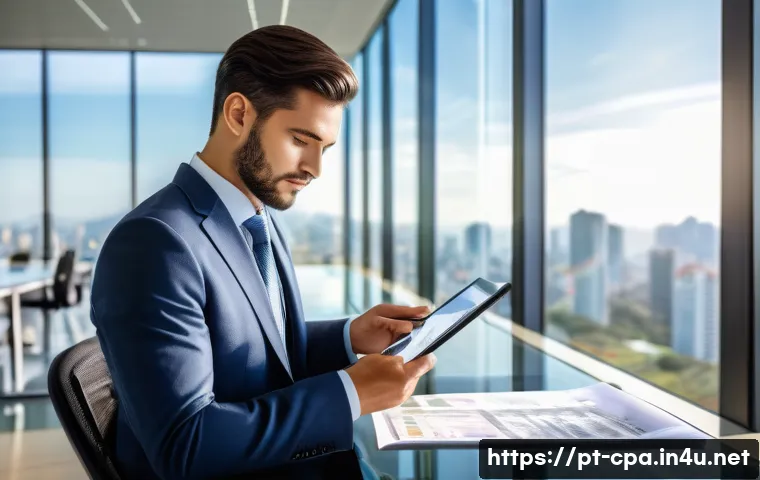 공인회계사로서의 윤리적 책임 - A professional accountant in a modern Brazilian office setting, dressed in smart business attire wit...