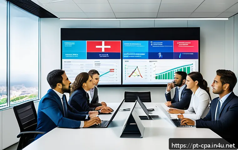공인회계사와 프로젝트 관리 - A modern office environment showing a diverse Brazilian project management team gathered around a la...