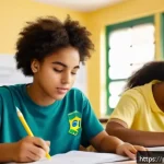 Home 19 CPA 시험 문제 유형 분석 - A detailed, vibrant classroom scene showing a diverse group of Brazilian students attentively taking...
