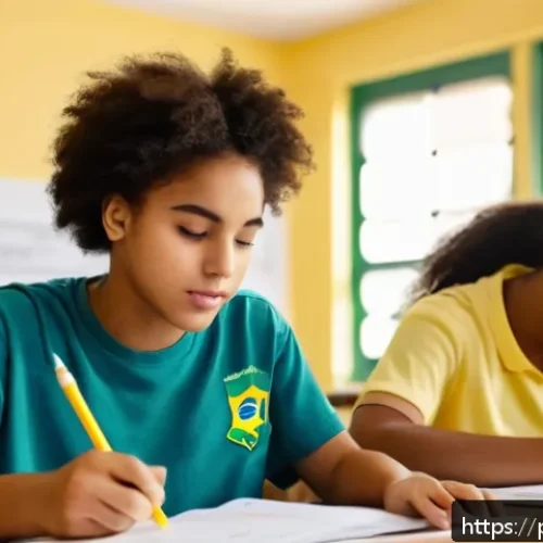 Home 31 CPA 시험 문제 유형 분석 - A detailed, vibrant classroom scene showing a diverse group of Brazilian students attentively taking...