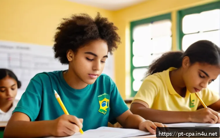 CPA 시험 문제 유형 분석 - A detailed, vibrant classroom scene showing a diverse group of Brazilian students attentively taking...