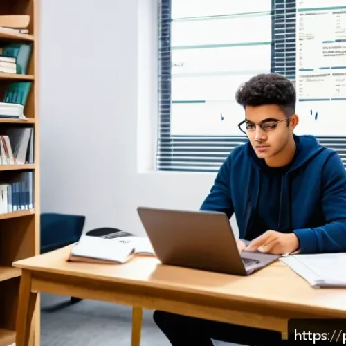 Home 30 공인회계사 비전공자의 도전기 - A focused young adult studying at a modern desk in a cozy, well-lit room, surrounded by textbooks on...
