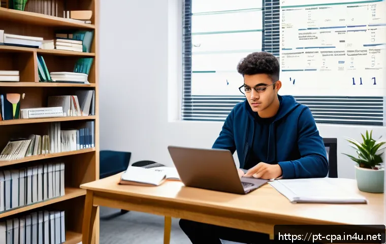 공인회계사 비전공자의 도전기 - A focused young adult studying at a modern desk in a cozy, well-lit room, surrounded by textbooks on...