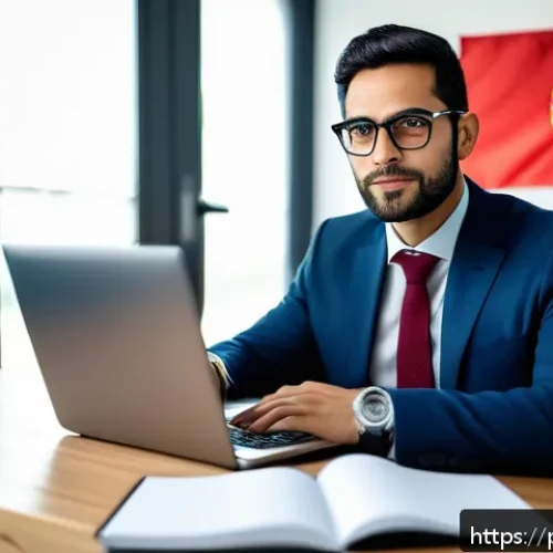 Home 17 공인회계사 이직 성공 사례 - A professional Portuguese man in his 30s, wearing smart casual business attire and glasses, sitting ...